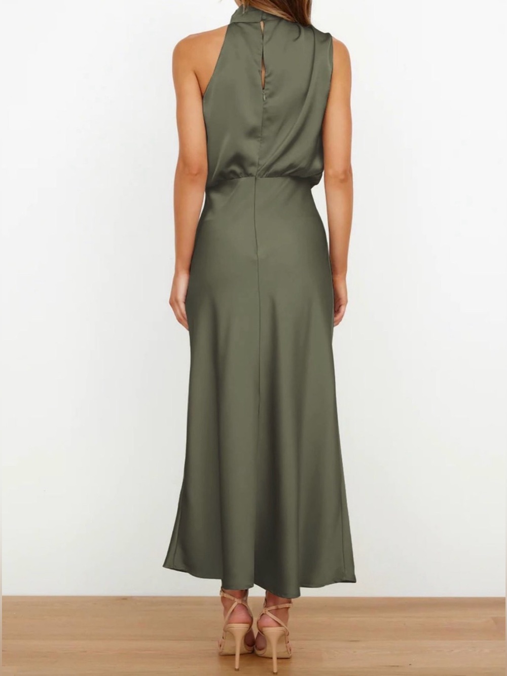 NWT Sleeveless Olive Maxi Dress with High Neck Sz S - Picture 5 of 6